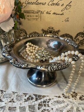 Poole vintage silver floral pedestal bowl trinket dish old money heritage decor
